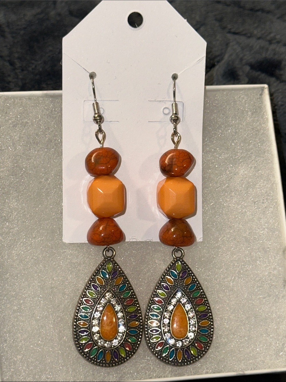 Handmade Earrings! Boho Teardrop Dangle Orange, brown, rhinestone, colors